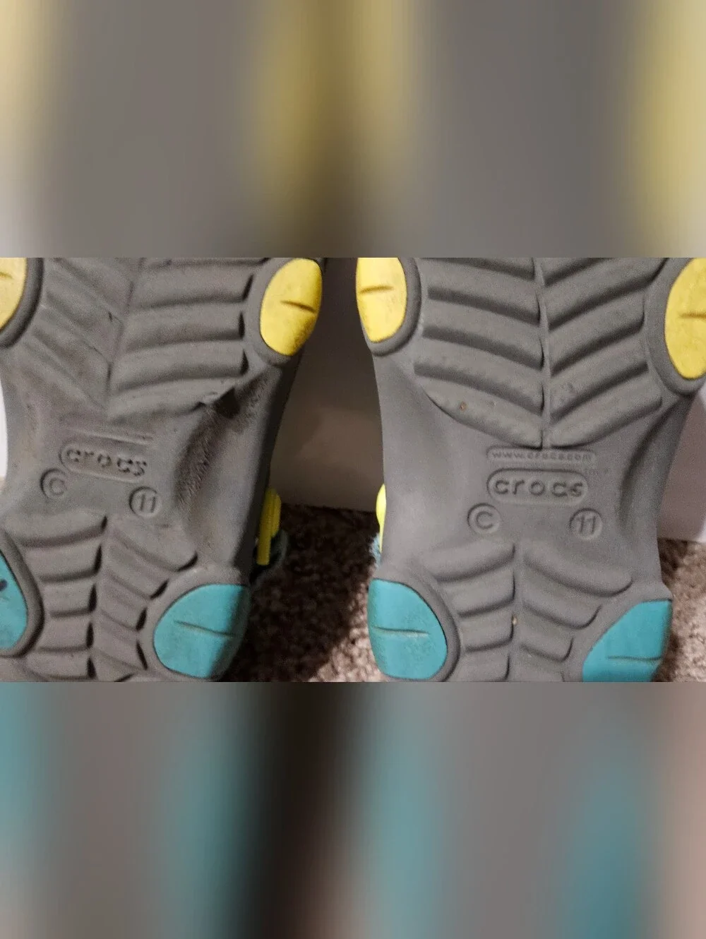 CROCS Kids Gray Clogs with Yellow and Blue Accents